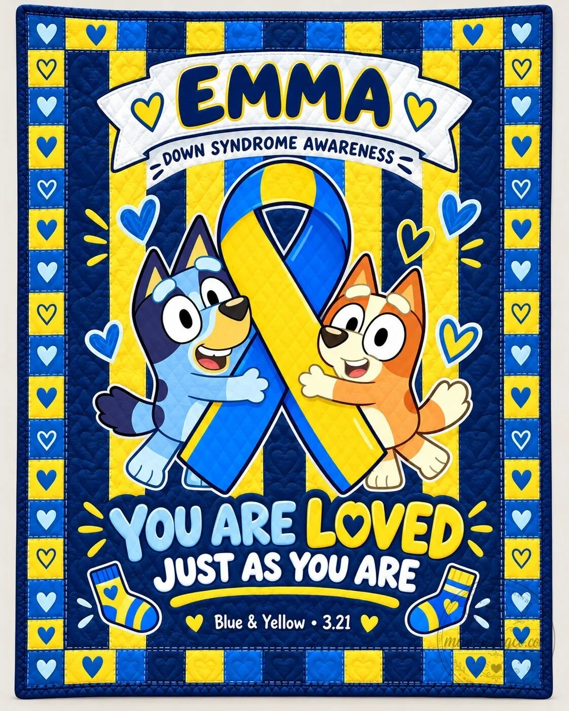 Personalized Bluey and Bingo Down Syndrome Awareness Quilt