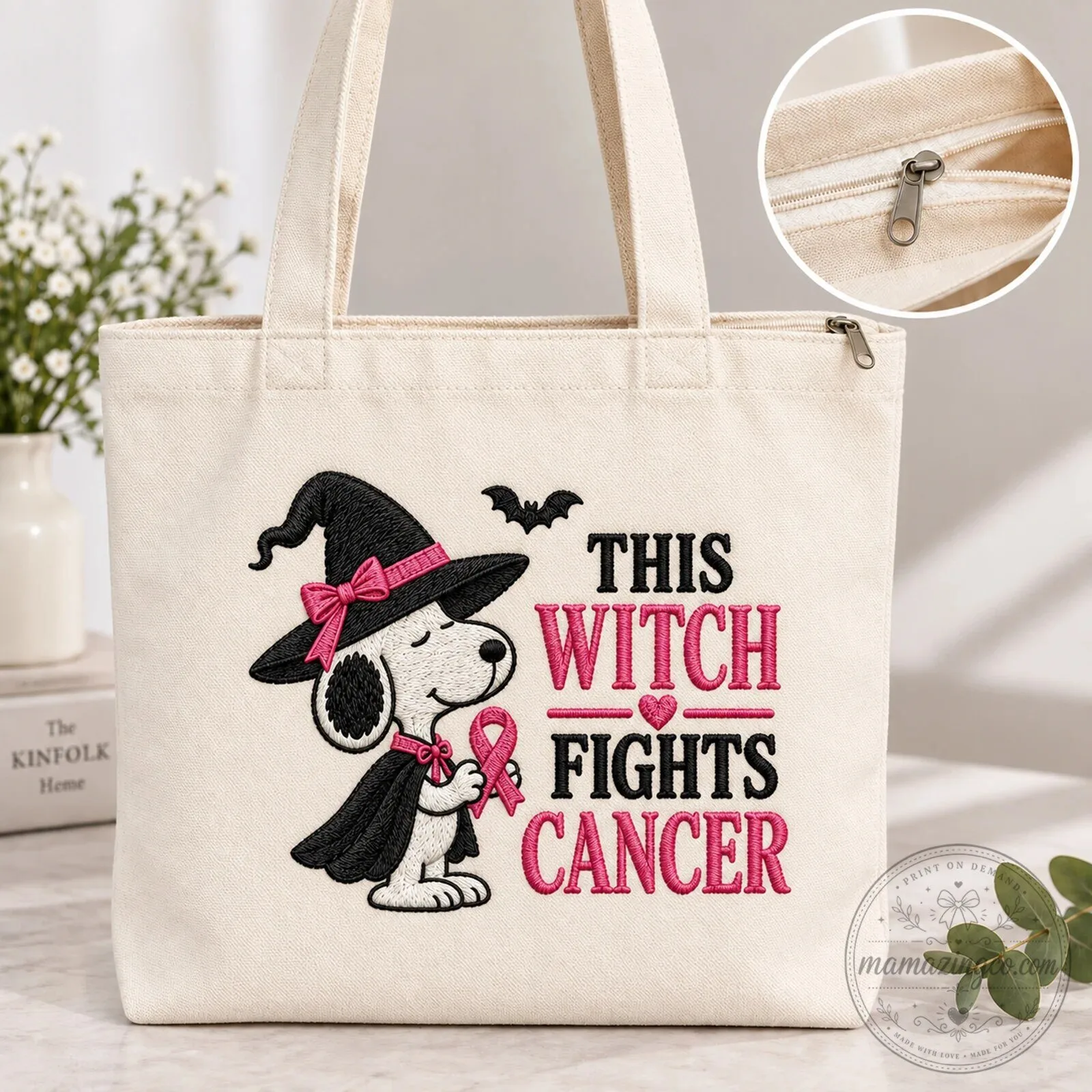 Snoopy Witch Breast Cancer Awareness Pink Ribbon Tote Bag