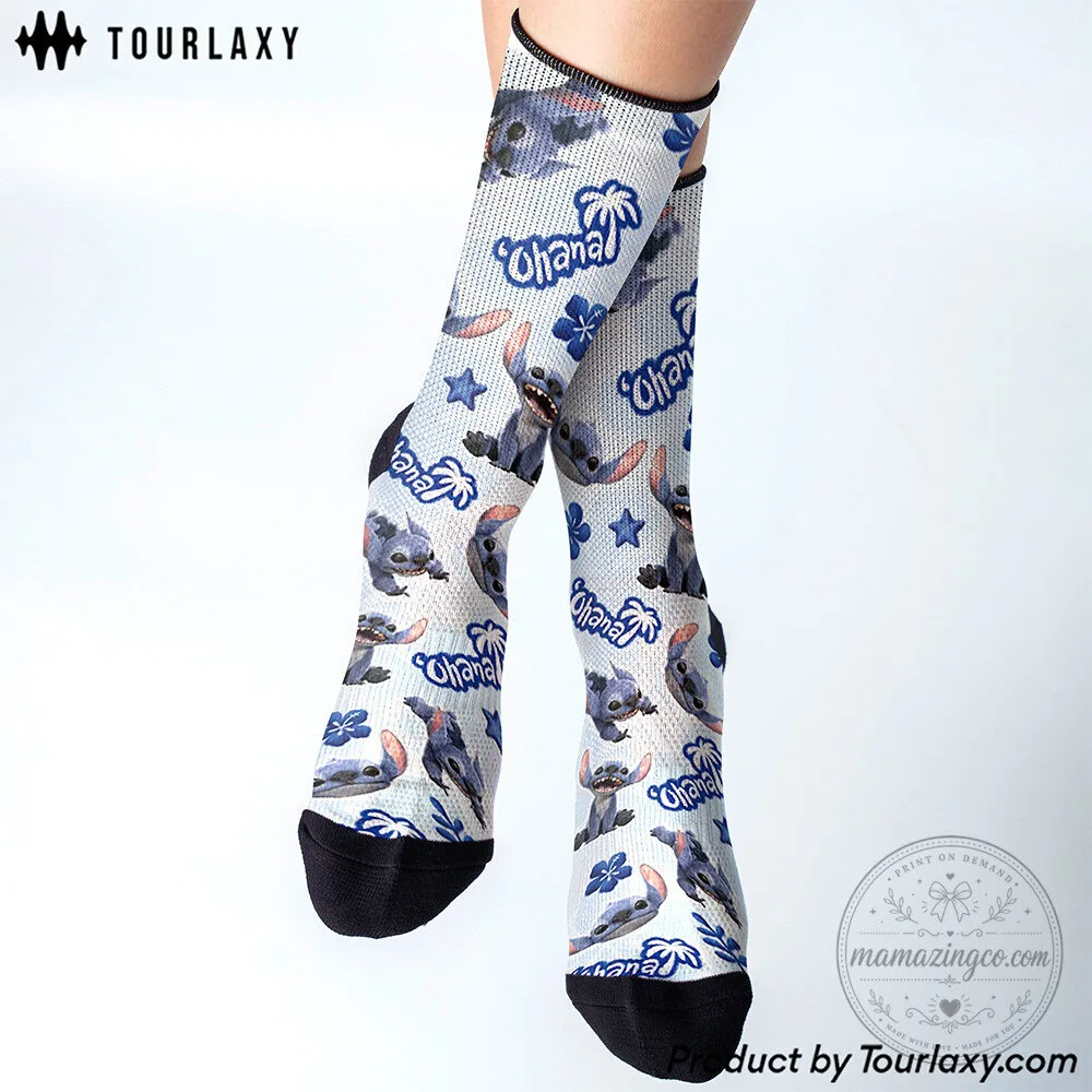 Lilo and Stitch Ohana Blue Tropical Pattern Crew Socks 1 Lilo and Stitch Ohana Blue Tropical Pattern Crew Socks