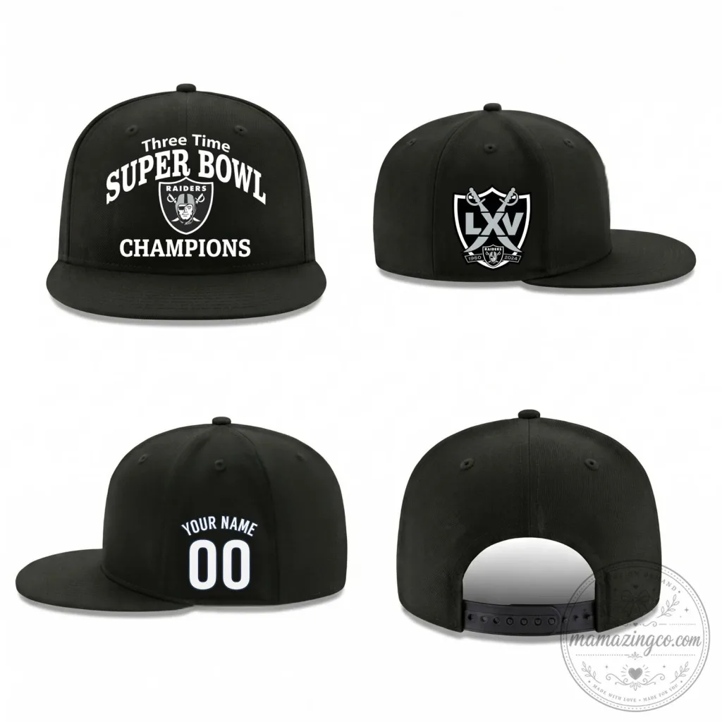 Personalized Snapback Hat featuring Las Vegas Raiders - Three Time Super Bowl Champions Personalized Snapback Hat featuring Las Vegas Raiders - Three Time Super Bowl Champions