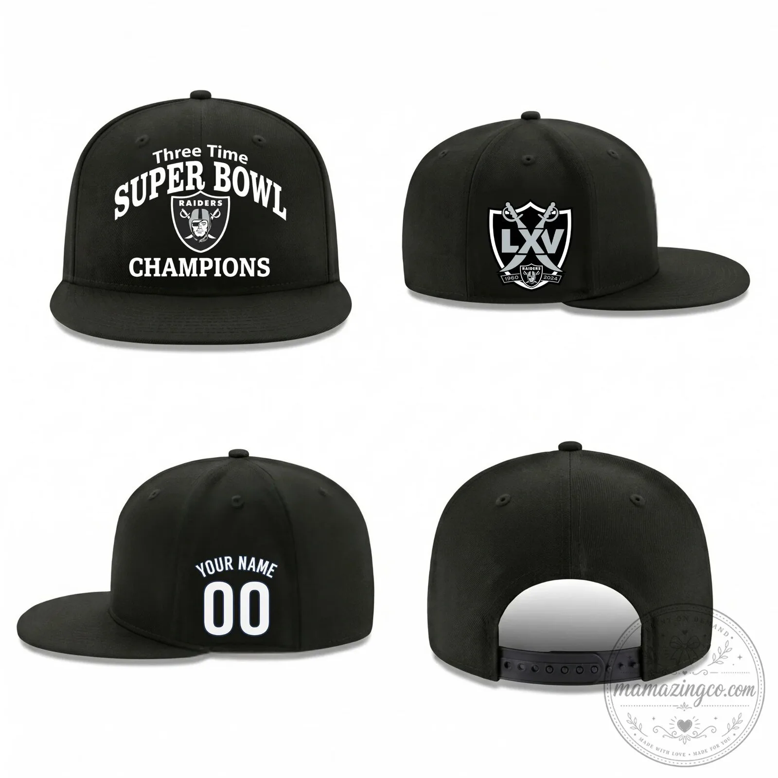 Personalized Snapback Hat featuring Las Vegas Raiders - Three Time Super Bowl Champions 6 Personalized Snapback Hat featuring Las Vegas Raiders - Three Time Super Bowl Champions