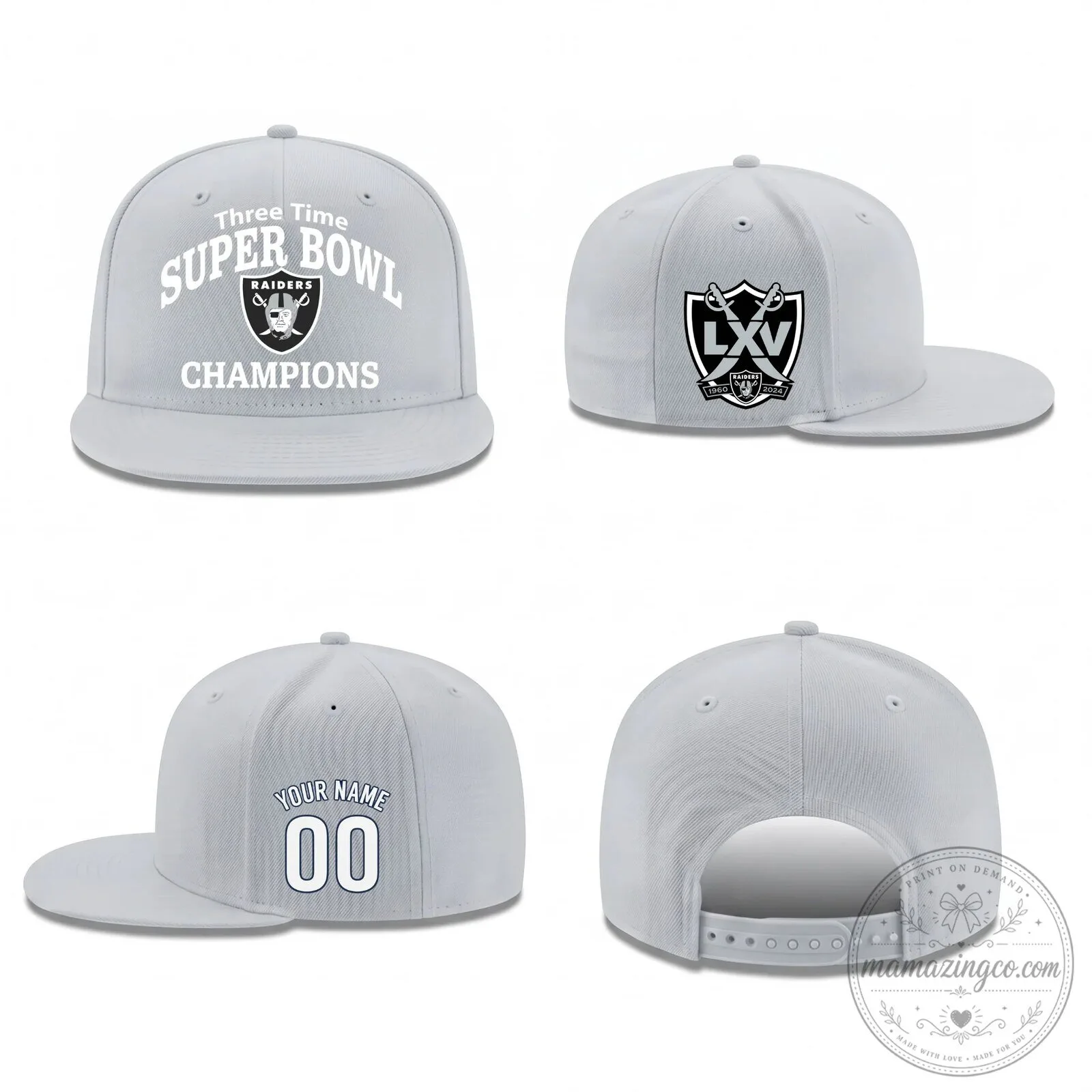 Personalized Snapback Hat featuring Las Vegas Raiders - Three Time Super Bowl Champions 7 Personalized Snapback Hat featuring Las Vegas Raiders - Three Time Super Bowl Champions