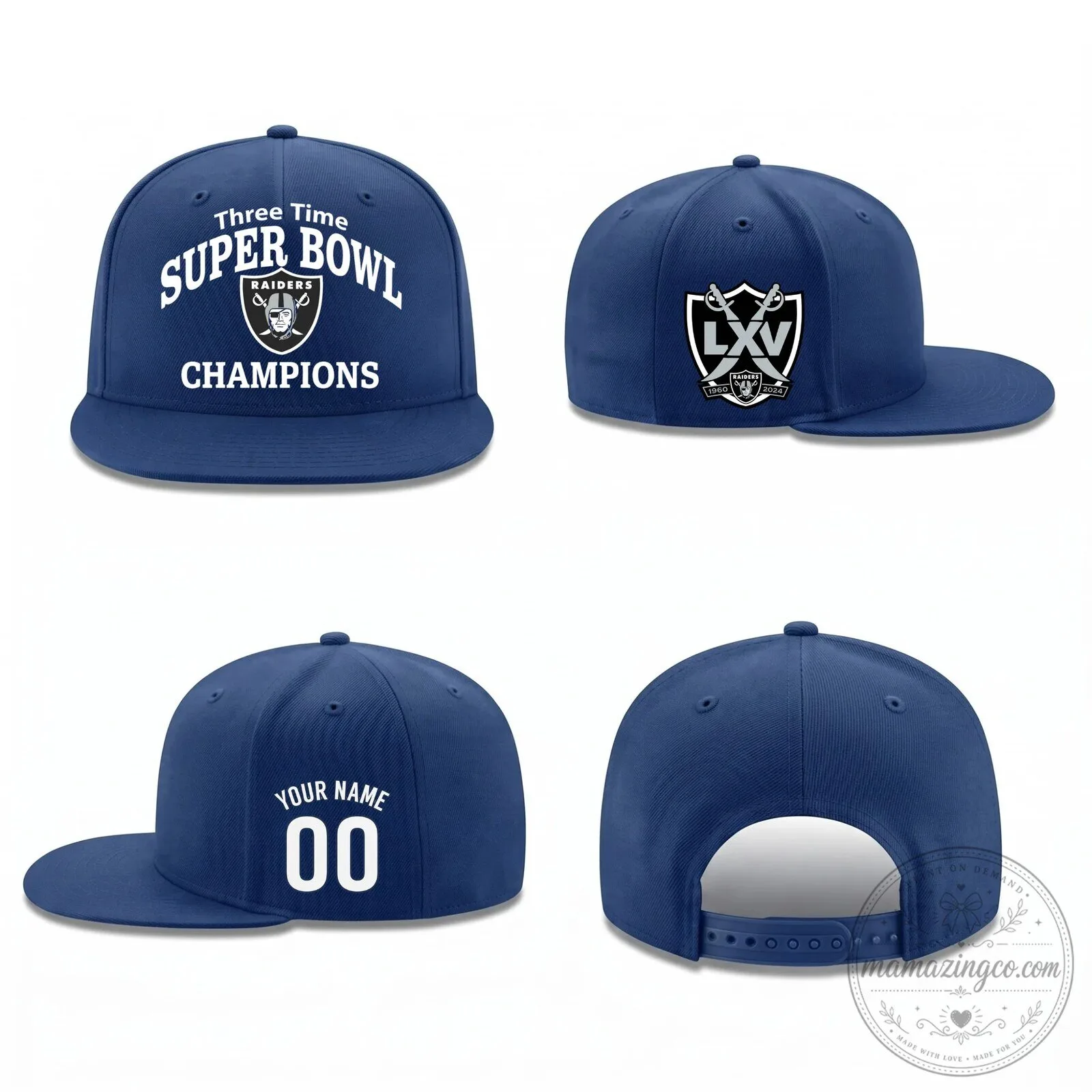 Personalized Snapback Hat featuring Las Vegas Raiders - Three Time Super Bowl Champions 8 Personalized Snapback Hat featuring Las Vegas Raiders - Three Time Super Bowl Champions