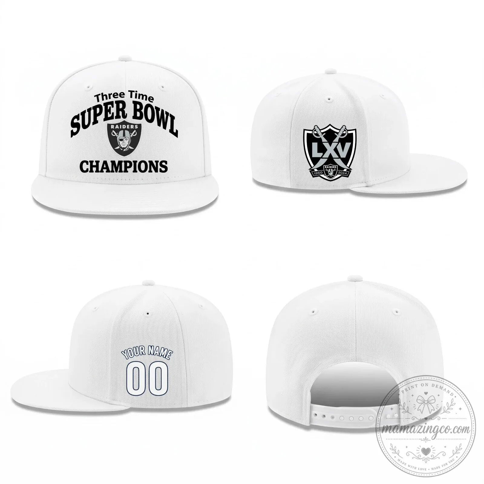 Personalized Snapback Hat featuring Las Vegas Raiders - Three Time Super Bowl Champions 9 Personalized Snapback Hat featuring Las Vegas Raiders - Three Time Super Bowl Champions