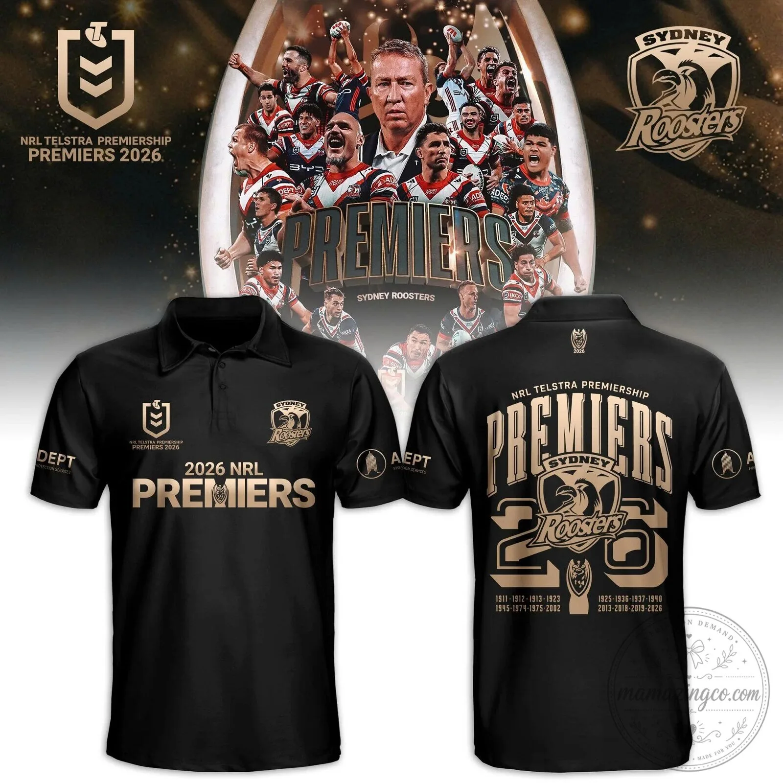 Sydney Roosters National Rugby League Premiership Premiers 2026 Black Polo Shirt
