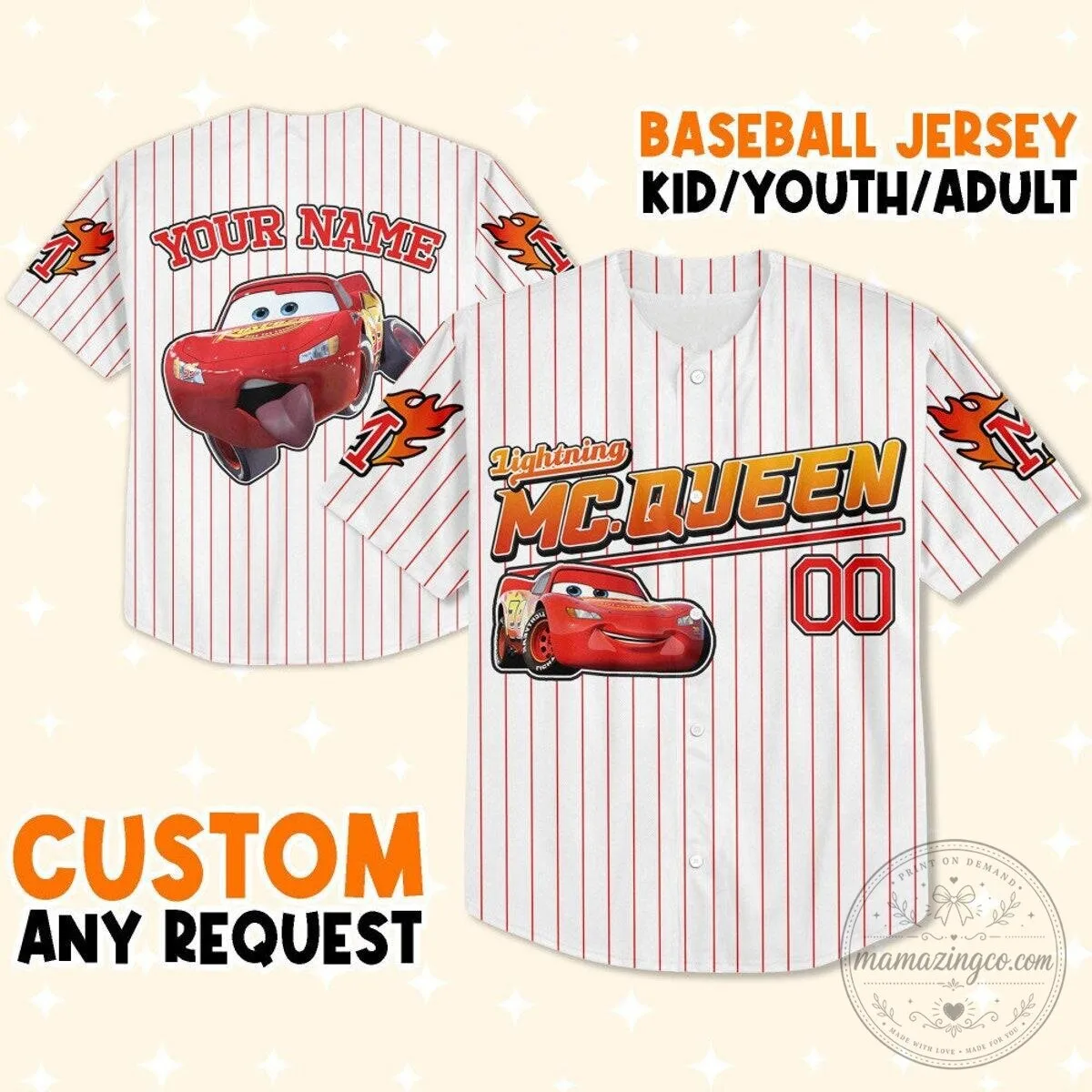 Lightning McQueen Personalized Baseball Jersey Custom Name Cars Movie