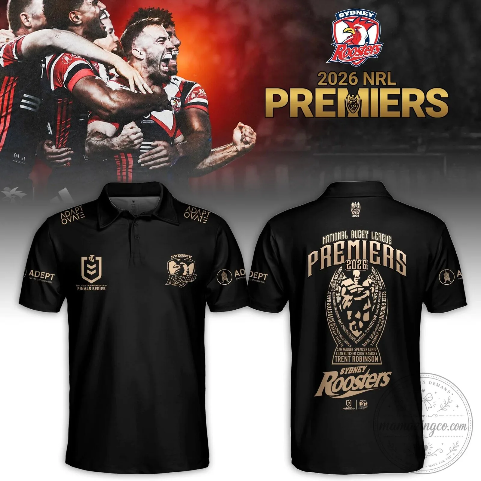 Sydney Roosters 2026 NRL Premiers National Rugby League Black Polo Shirt