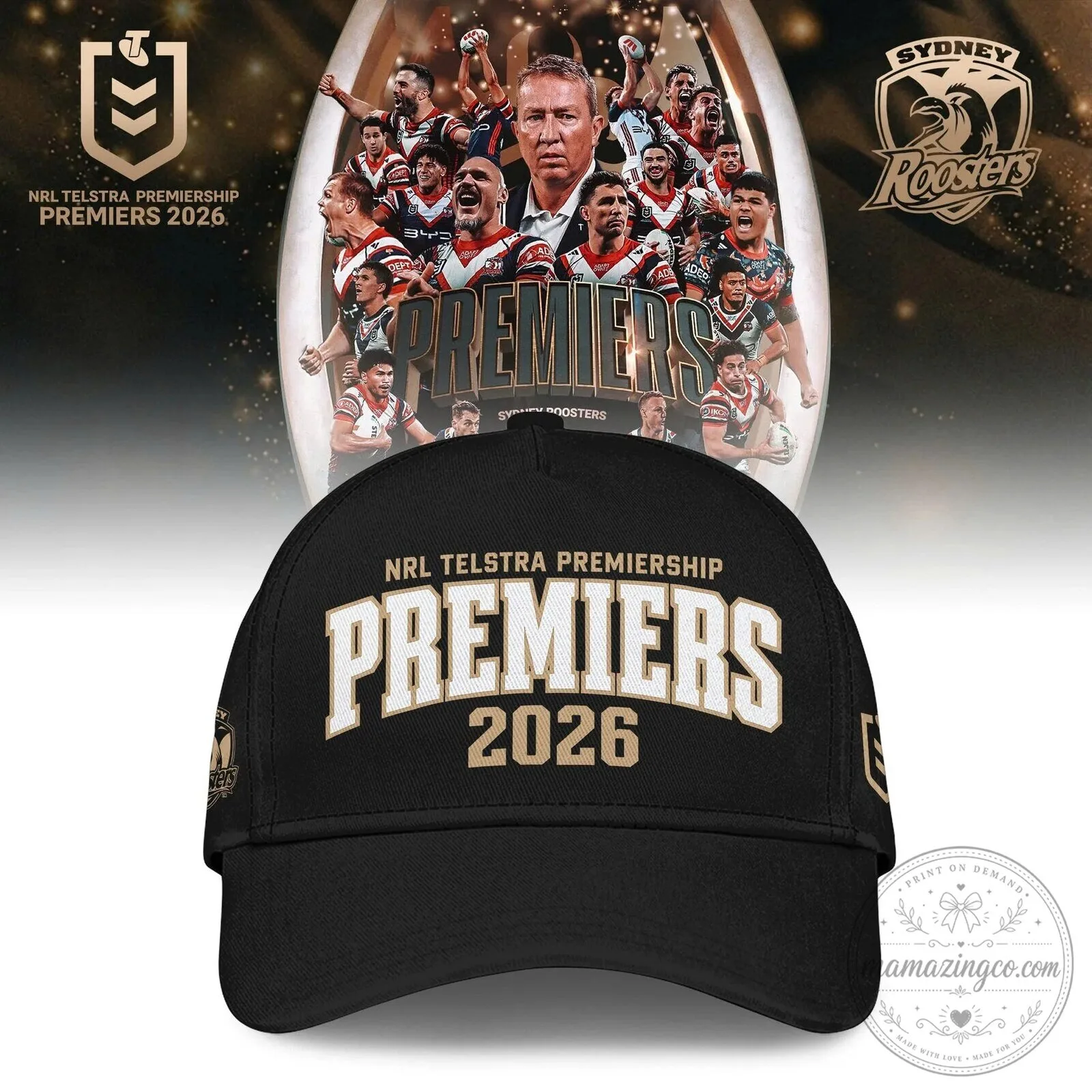Sydney Roosters 2026 NRL Premiers National Rugby League Black Polo Shirt 5 Sydney Roosters 2026 NRL Premiers National Rugby League Black Polo Shirt