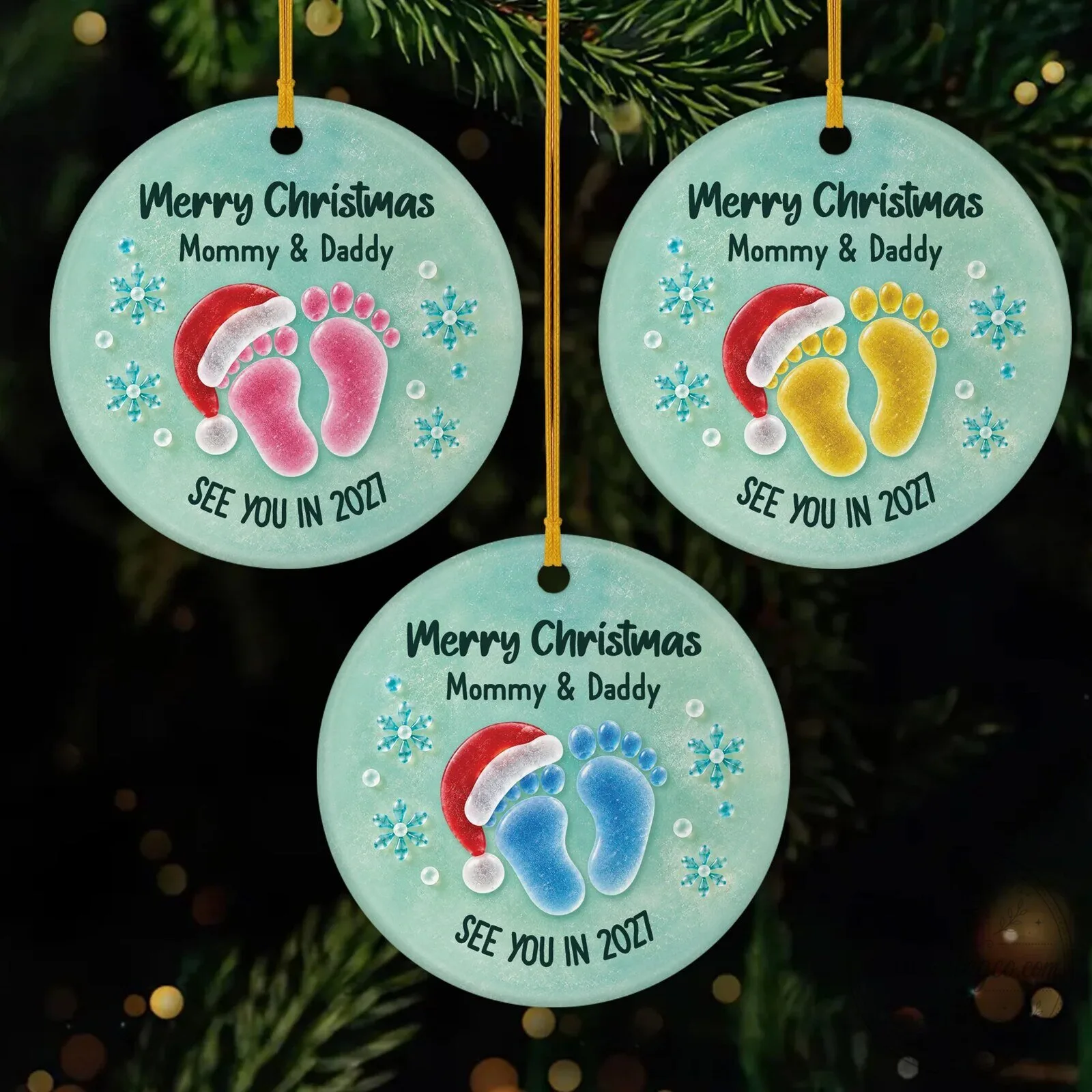 Merry Christmas Mommy and Daddy Baby Footprints See You In 2027 Ceramic Ornament 1 Merry Christmas Mommy and Daddy Baby Footprints See You In 2027 Ceramic Ornament