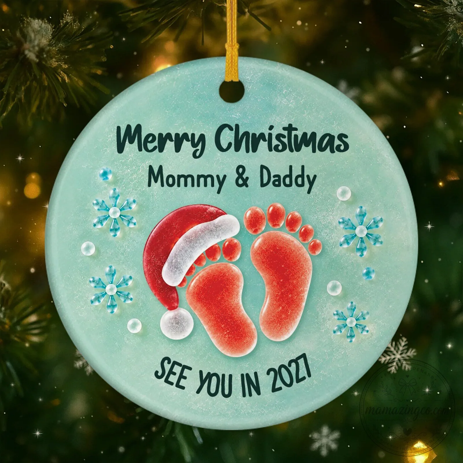Merry Christmas Mommy and Daddy Baby Footprints See You In 2027 Ceramic Ornament 10 Merry Christmas Mommy and Daddy Baby Footprints See You In 2027 Ceramic Ornament