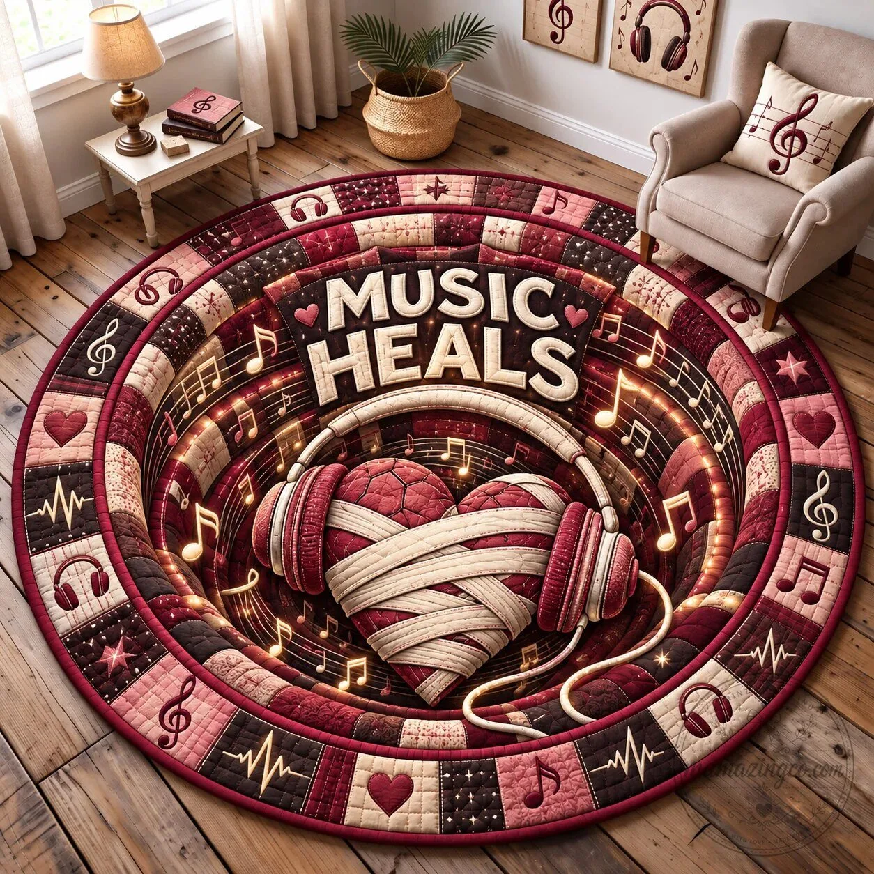 Music Heals Heart Headphones Quilted Round Floor Rug