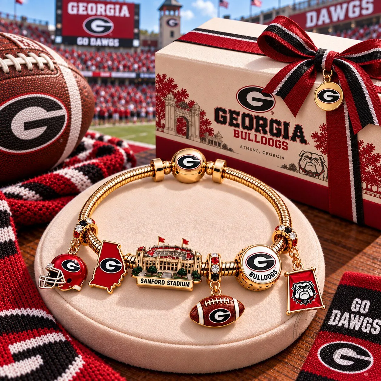 Georgia Bulldogs Football Team Gold Charm Bracelet with Sanford Stadium Charm