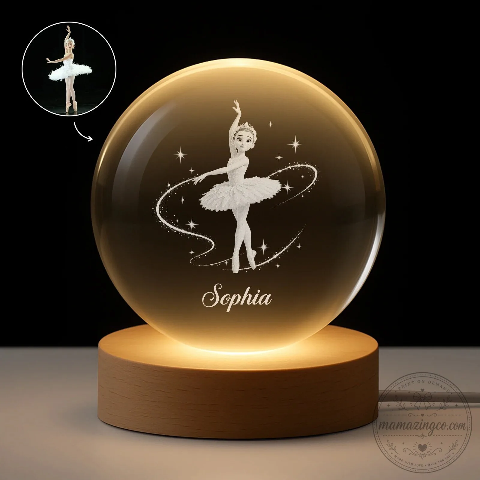 Personalized Ballerina Princess Crystal Globe Lamp with Custom Name Engraving