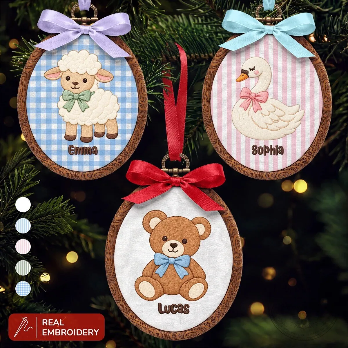 Personalized Baby Animal Embroidered Oval Christmas Ornament