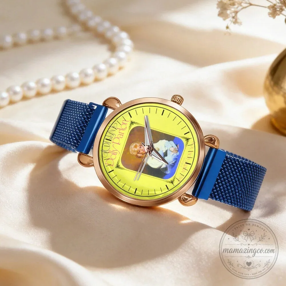 Dolly Parton Vintage Portrait Country Music Icon Watch with Black Mesh Band 66 Dolly Parton Vintage Portrait Country Music Icon Watch with Black Mesh Band