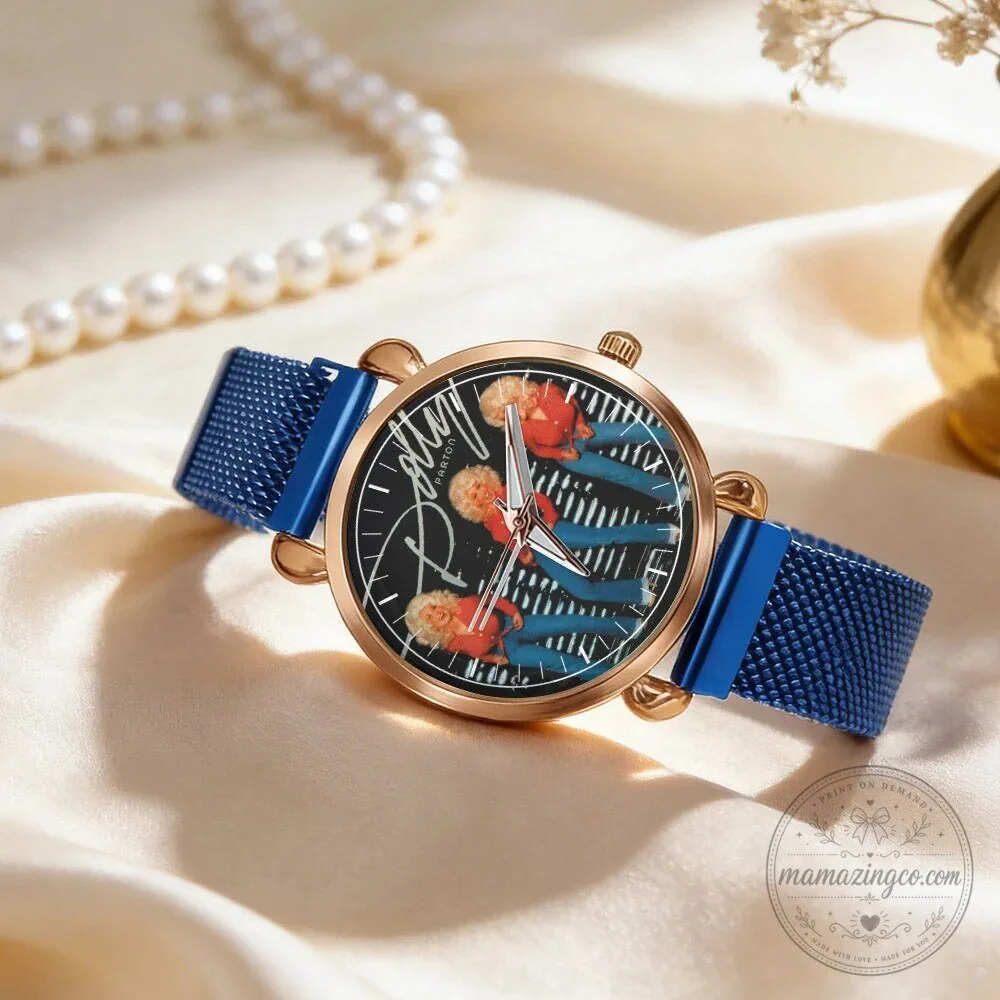 Dolly Parton Vintage Portrait Country Music Icon Watch with Black Mesh Band 71 Dolly Parton Vintage Portrait Country Music Icon Watch with Black Mesh Band