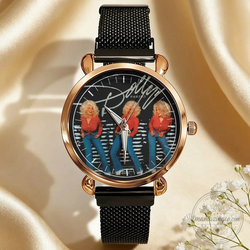 Dolly Parton Vintage Portrait Country Music Icon Watch with Black Mesh Band 74 Dolly Parton Vintage Portrait Country Music Icon Watch with Black Mesh Band