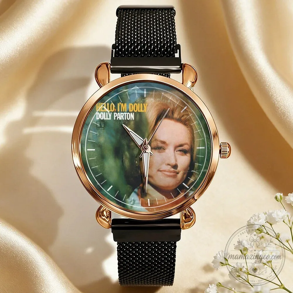 Dolly Parton Vintage Portrait Country Music Icon Watch with Black Mesh Band 78 Dolly Parton Vintage Portrait Country Music Icon Watch with Black Mesh Band