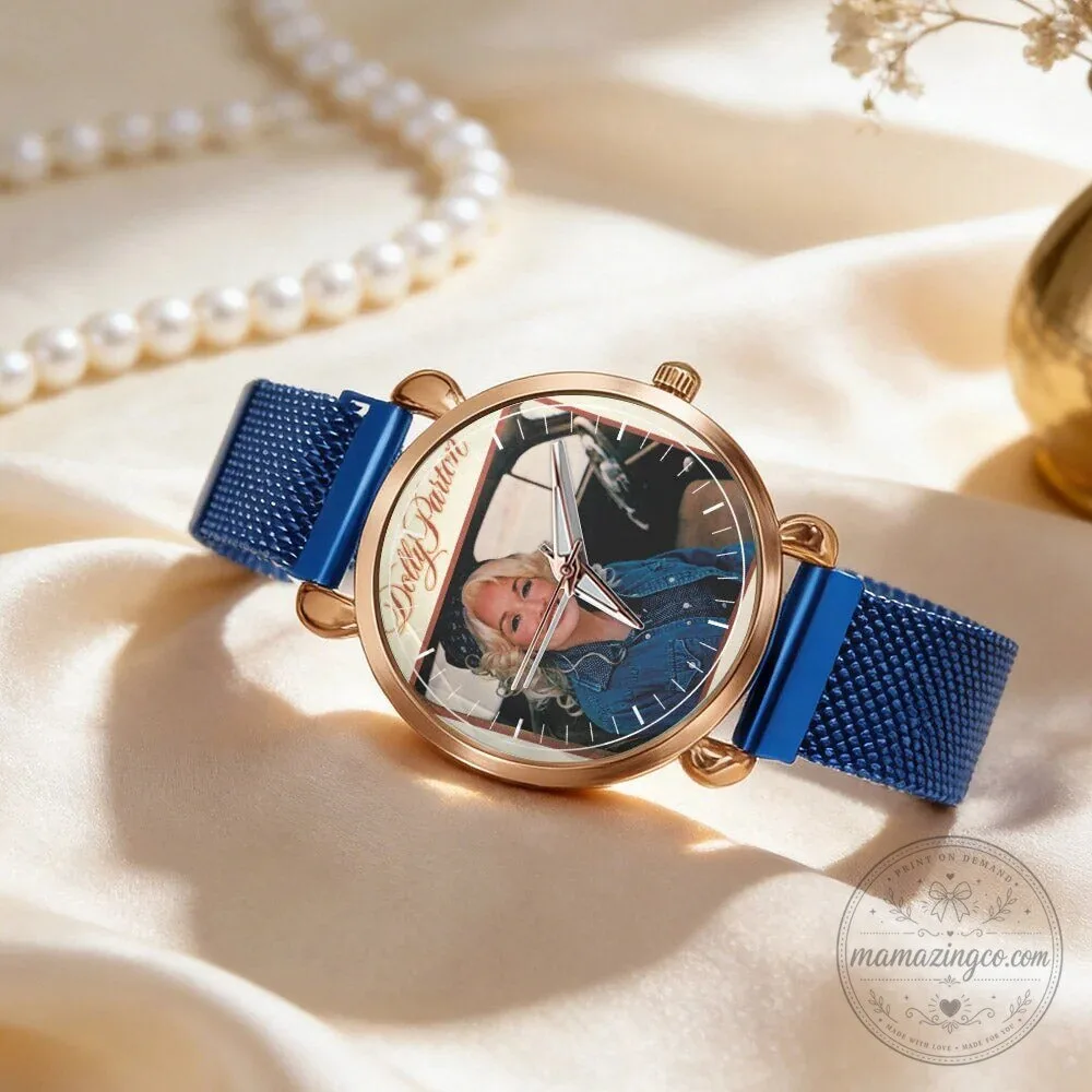 Dolly Parton Vintage Portrait Country Music Icon Watch with Black Mesh Band 83 Dolly Parton Vintage Portrait Country Music Icon Watch with Black Mesh Band