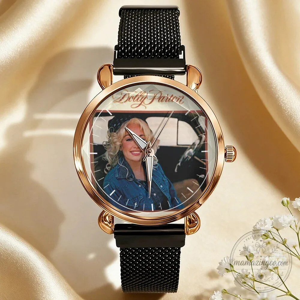 Dolly Parton Vintage Portrait Country Music Icon Watch with Black Mesh Band 86 Dolly Parton Vintage Portrait Country Music Icon Watch with Black Mesh Band