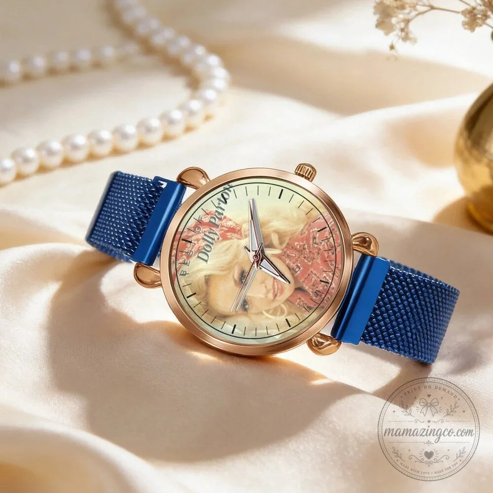 Dolly Parton Vintage Portrait Country Music Icon Watch with Black Mesh Band 87 Dolly Parton Vintage Portrait Country Music Icon Watch with Black Mesh Band