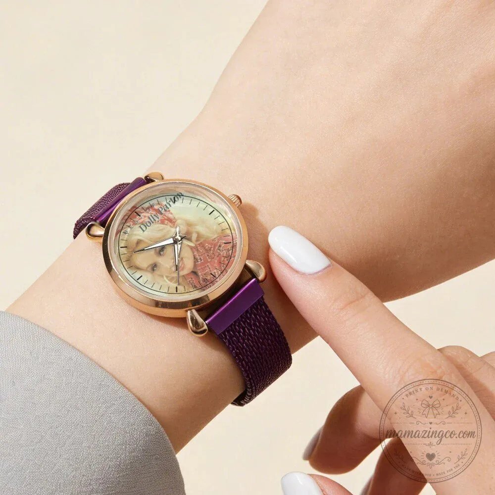 Dolly Parton Vintage Portrait Country Music Icon Watch with Black Mesh Band 88 Dolly Parton Vintage Portrait Country Music Icon Watch with Black Mesh Band