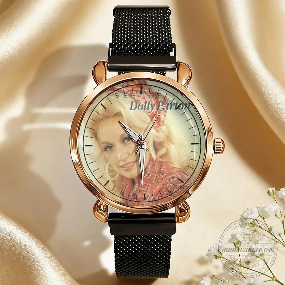Dolly Parton Vintage Portrait Country Music Icon Watch with Black Mesh Band 90 Dolly Parton Vintage Portrait Country Music Icon Watch with Black Mesh Band
