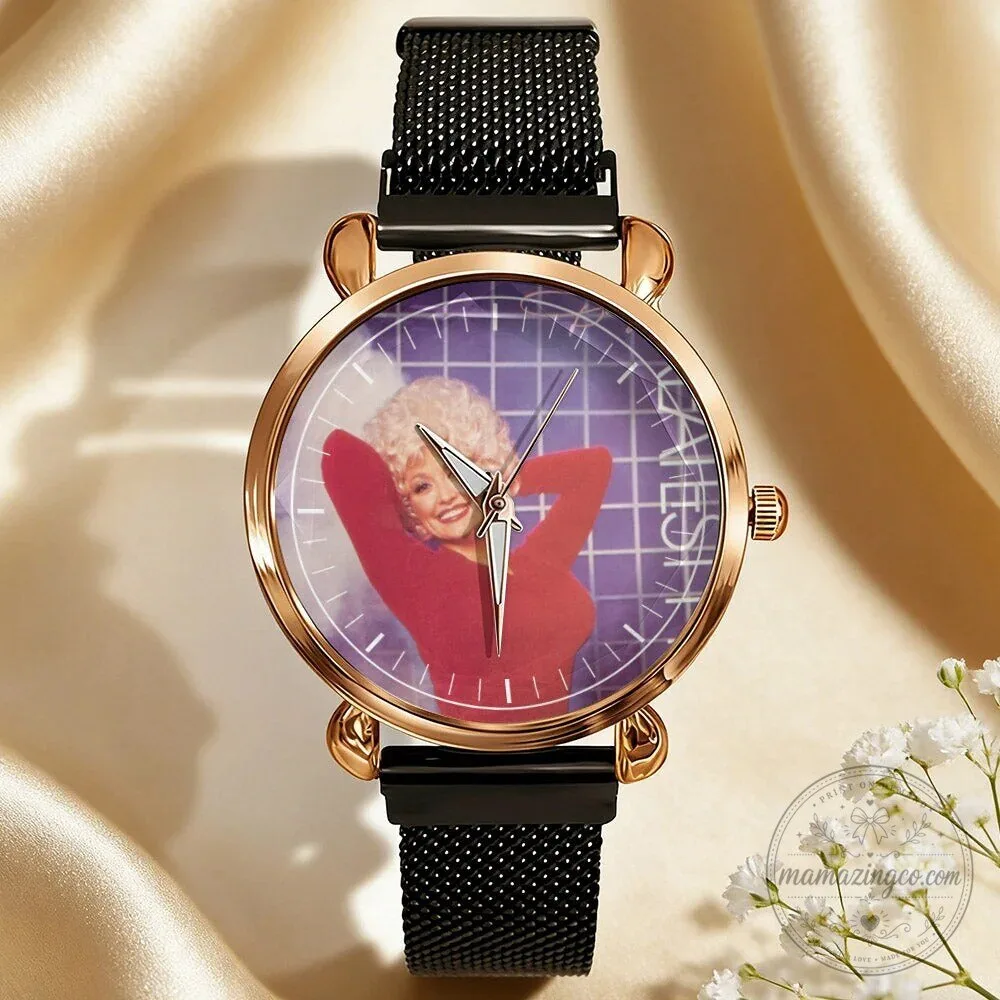 Dolly Parton Vintage Portrait Country Music Icon Watch with Black Mesh Band 94 Dolly Parton Vintage Portrait Country Music Icon Watch with Black Mesh Band