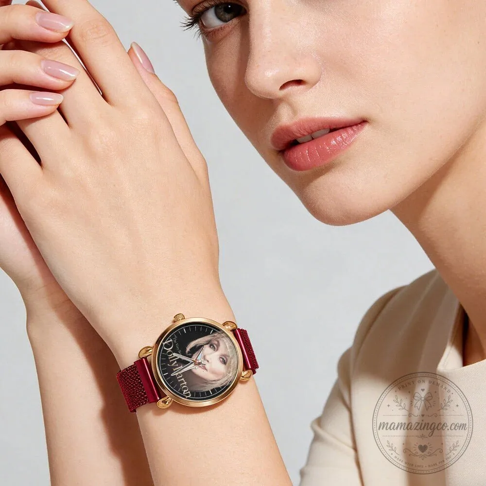 Dolly Parton Vintage Portrait Country Music Icon Watch with Black Mesh Band 105 Dolly Parton Vintage Portrait Country Music Icon Watch with Black Mesh Band