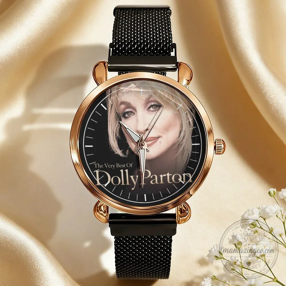 Dolly Parton Vintage Portrait Country Music Icon Watch with Black Mesh Band 106 Dolly Parton Vintage Portrait Country Music Icon Watch with Black Mesh Band