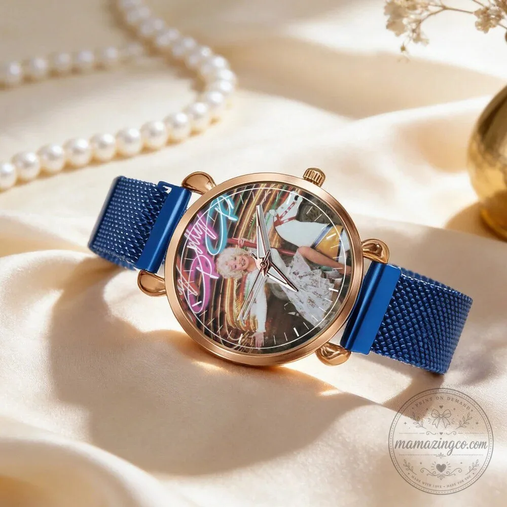 Dolly Parton Vintage Portrait Country Music Icon Watch with Black Mesh Band 107 Dolly Parton Vintage Portrait Country Music Icon Watch with Black Mesh Band