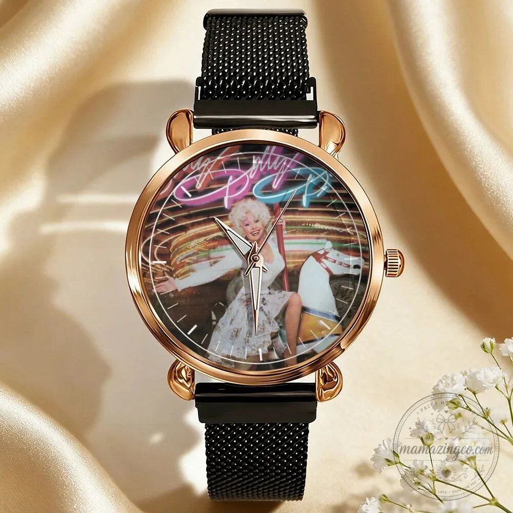 Dolly Parton Vintage Portrait Country Music Icon Watch with Black Mesh Band 110 Dolly Parton Vintage Portrait Country Music Icon Watch with Black Mesh Band