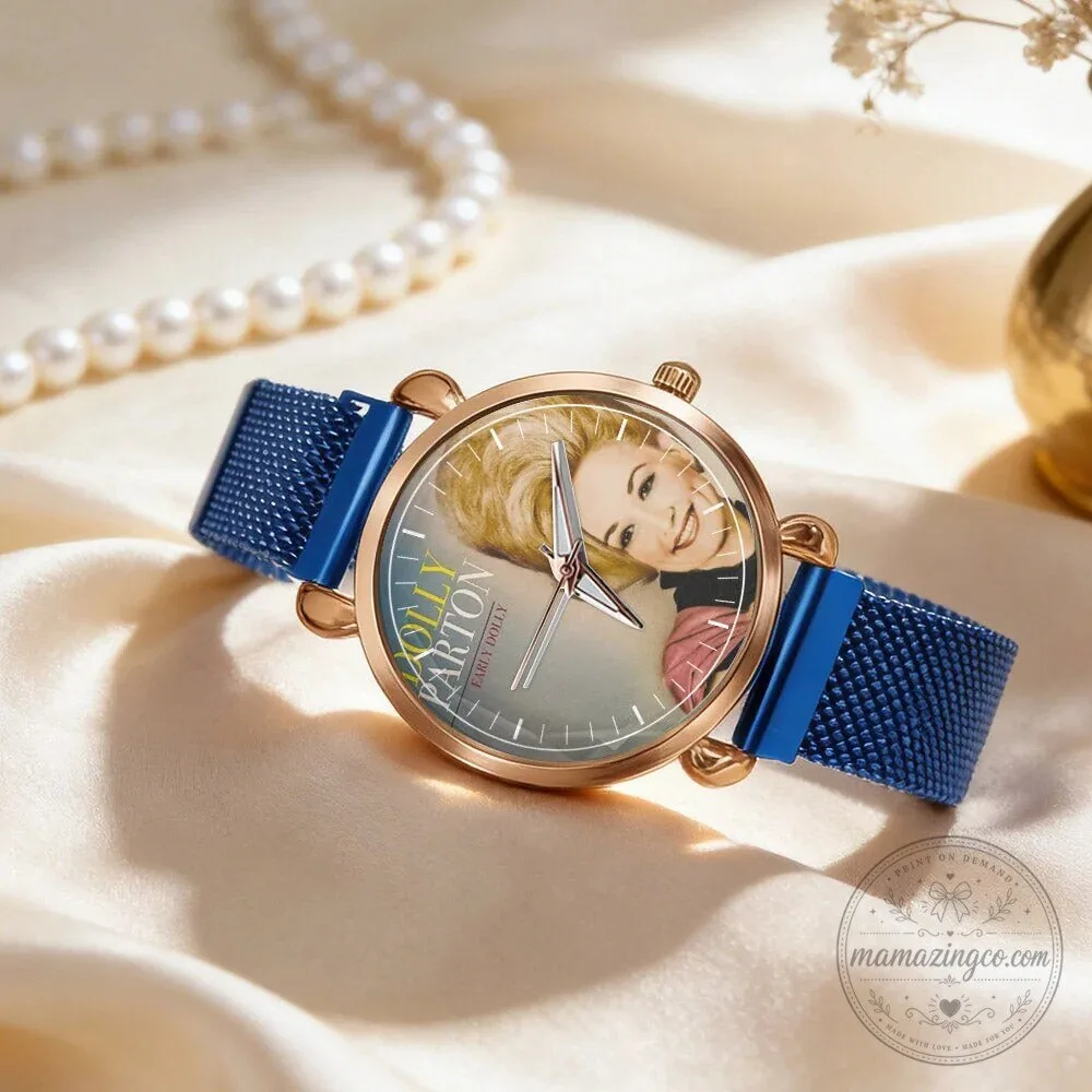 Dolly Parton Vintage Portrait Country Music Icon Watch with Black Mesh Band 111 Dolly Parton Vintage Portrait Country Music Icon Watch with Black Mesh Band