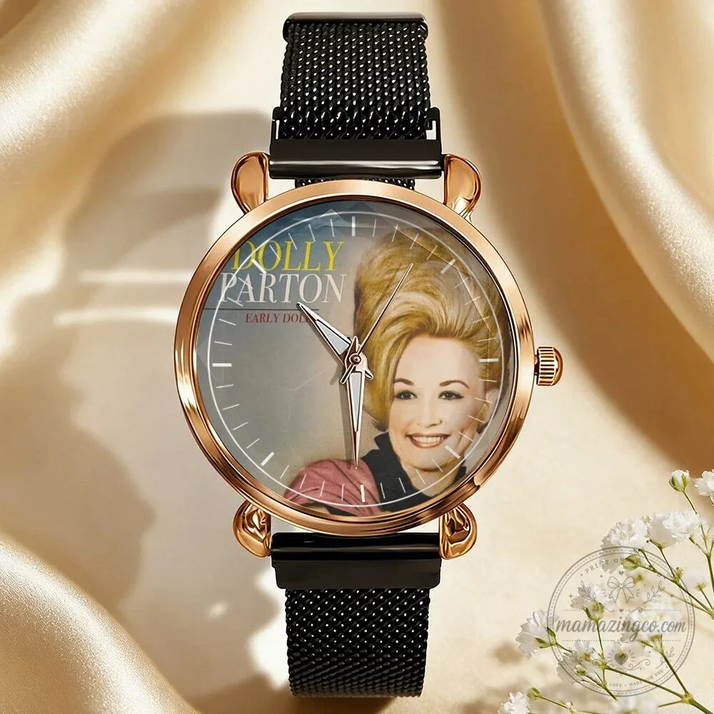 Dolly Parton Vintage Portrait Country Music Icon Watch with Black Mesh Band 114 Dolly Parton Vintage Portrait Country Music Icon Watch with Black Mesh Band