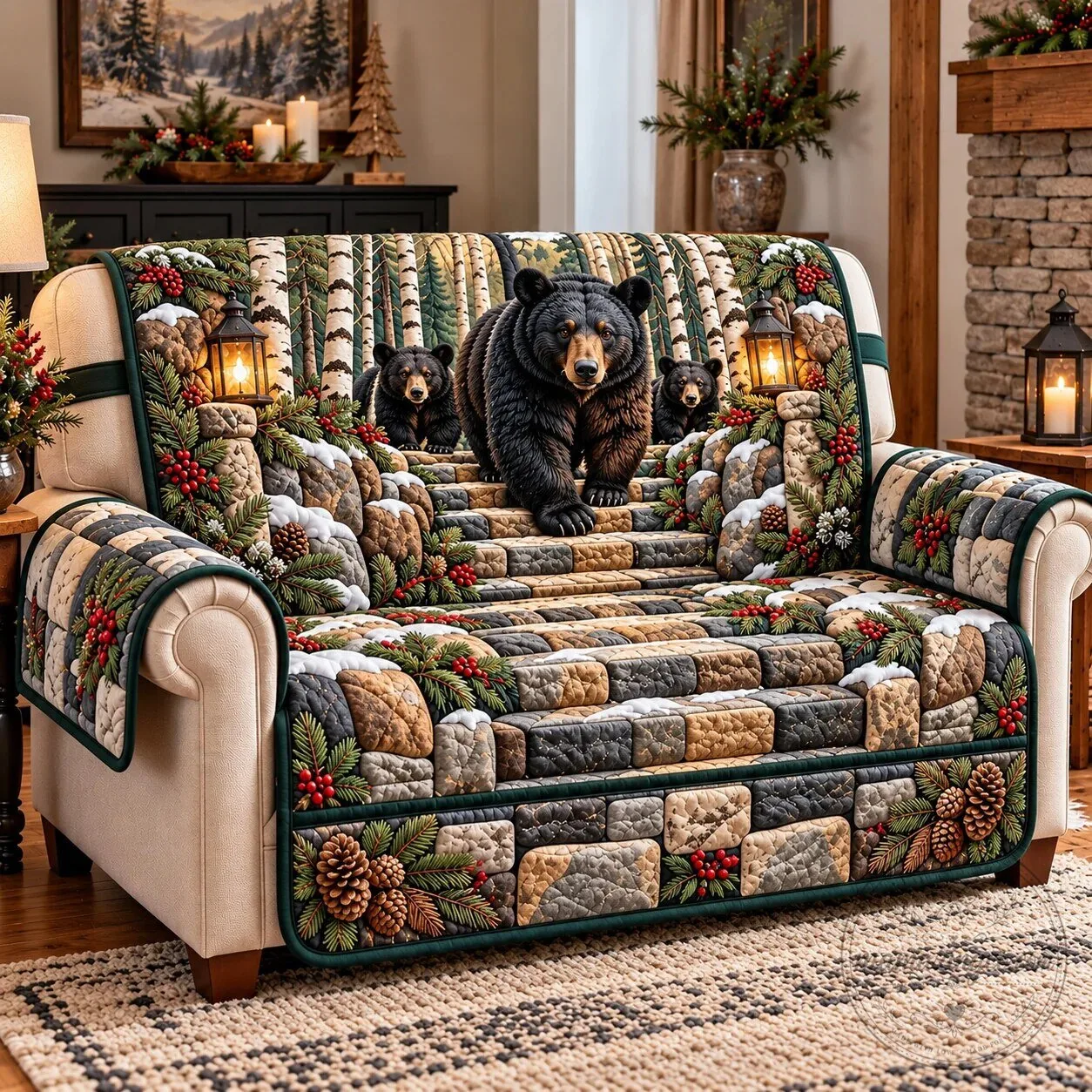 Quilted Sofa Cover with Black Bear Design - Rustic Winter Guardian Style