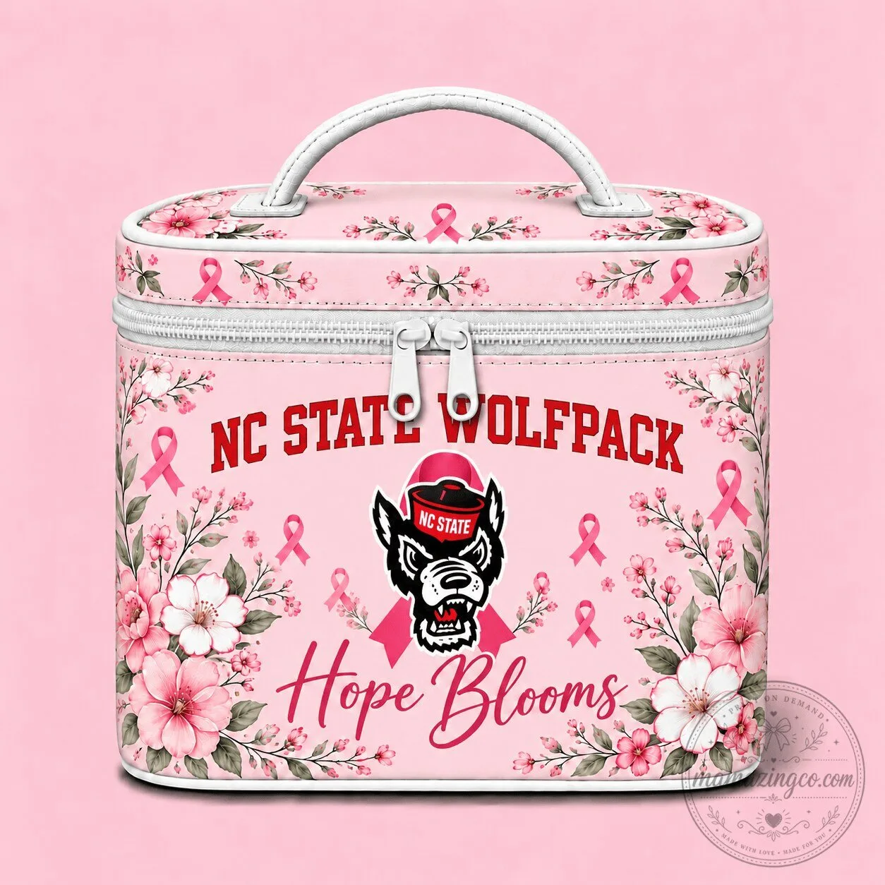 North Carolina State Wolfpack Breast Cancer Awareness Floral Cosmetic Bag