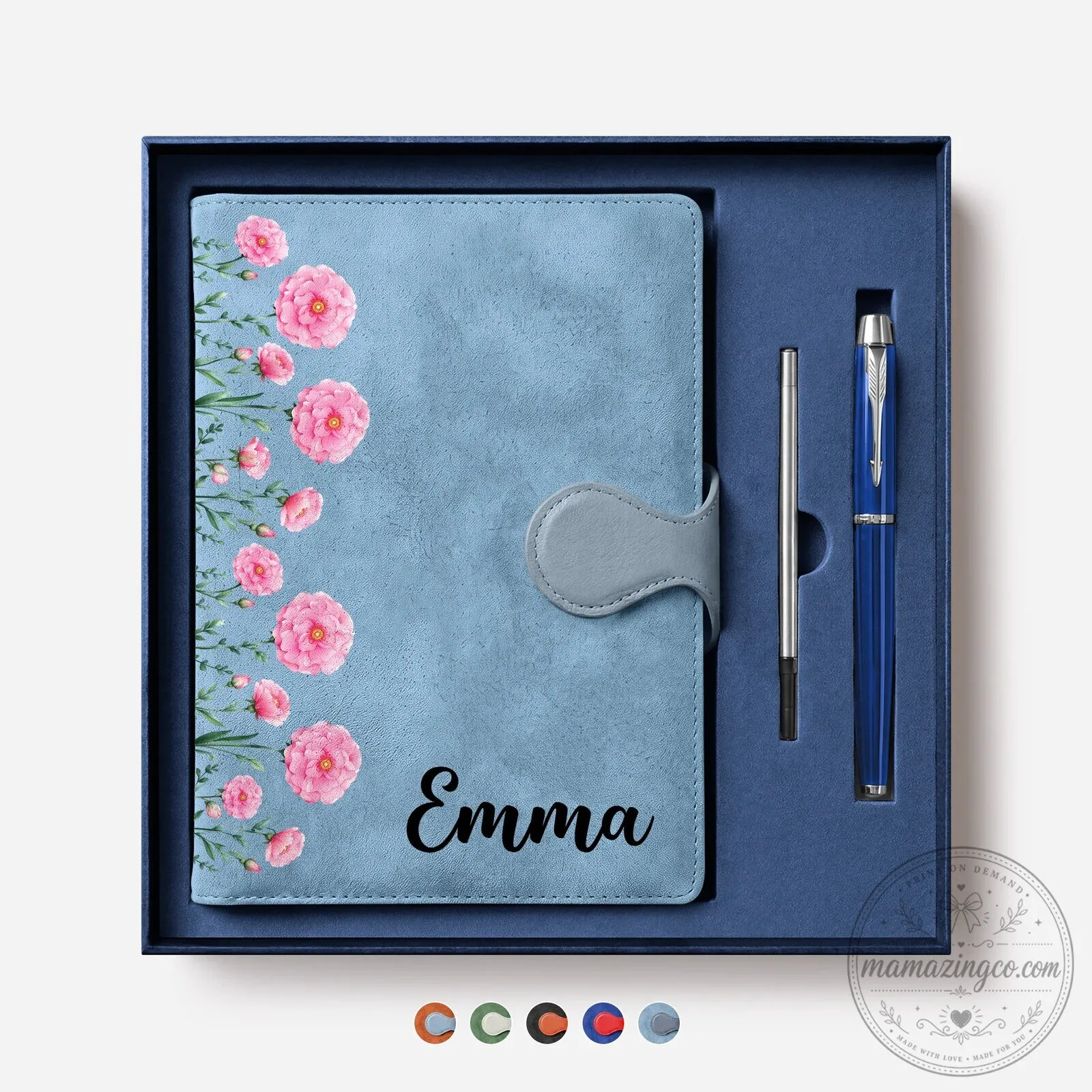 Personalized Birth Month Flower Magnetic Buckle Leather Notebook with Pen Set