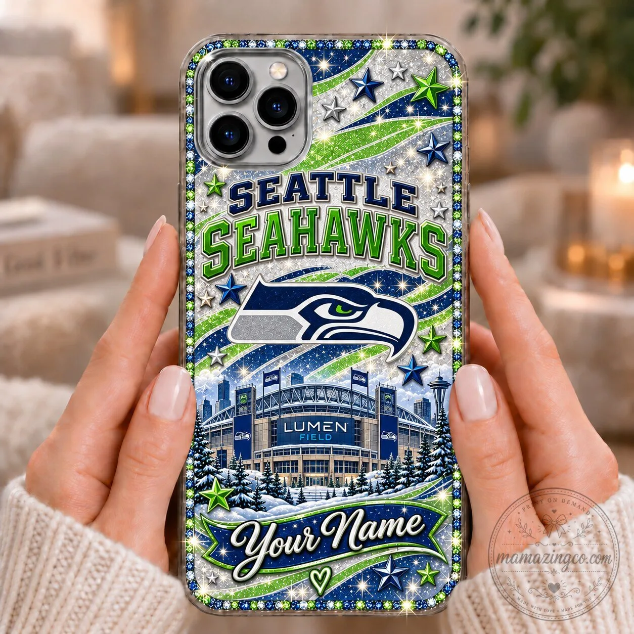 Seattle Seahawks NFL Custom Name Glitter Phone Case for iPhone 15 Pro Max