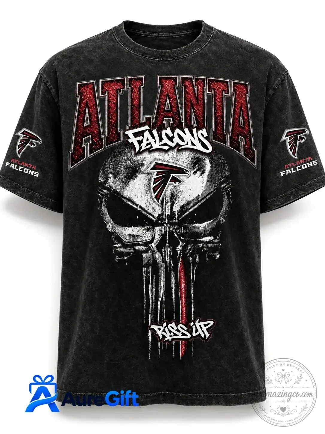 Atlanta Falcons Punisher Skull Graphic Design Washed Black T-Shirt
