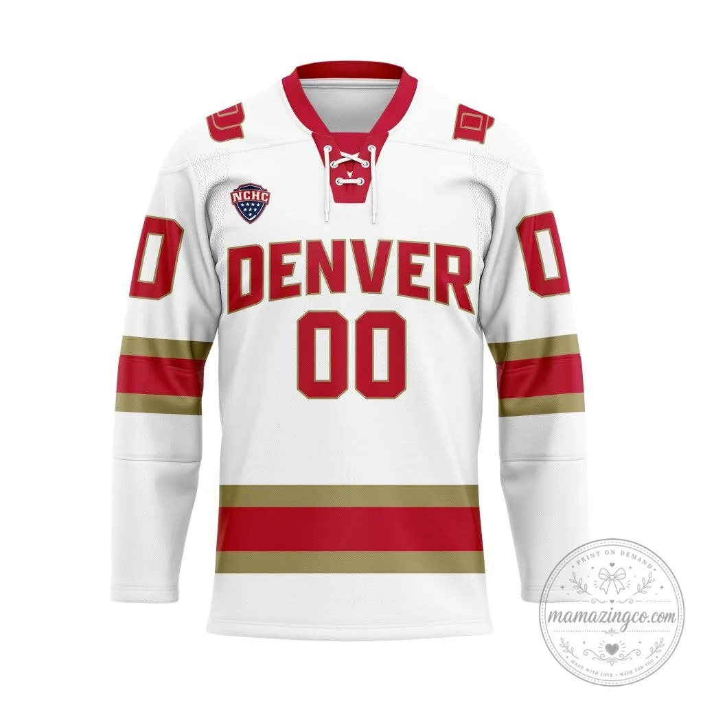 Denver Pioneers NCAA Personalized White and Red Lace Hockey Jersey