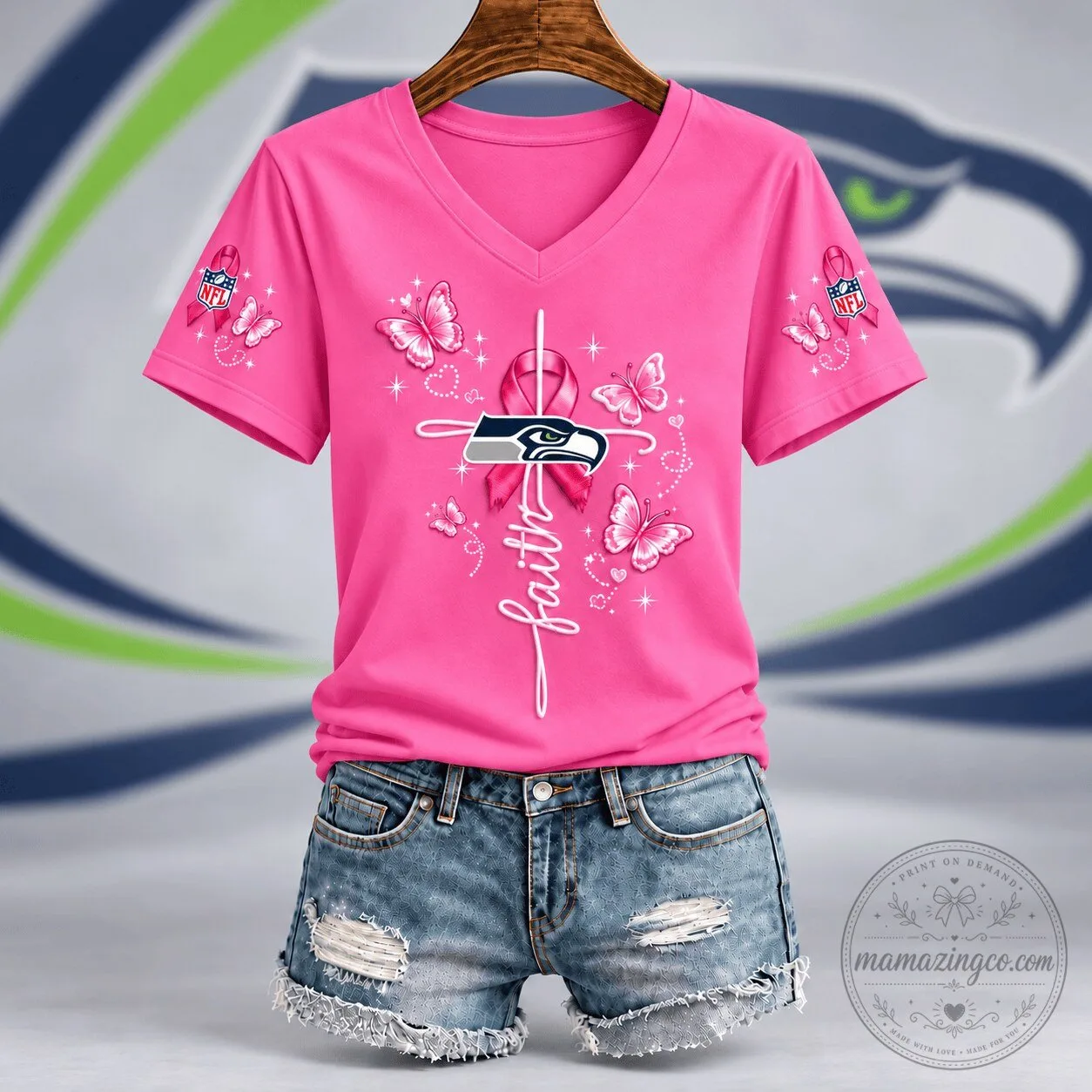 Seattle Seahawks Faith Hope Love Breast Cancer Awareness Pink V-Neck T-Shirt