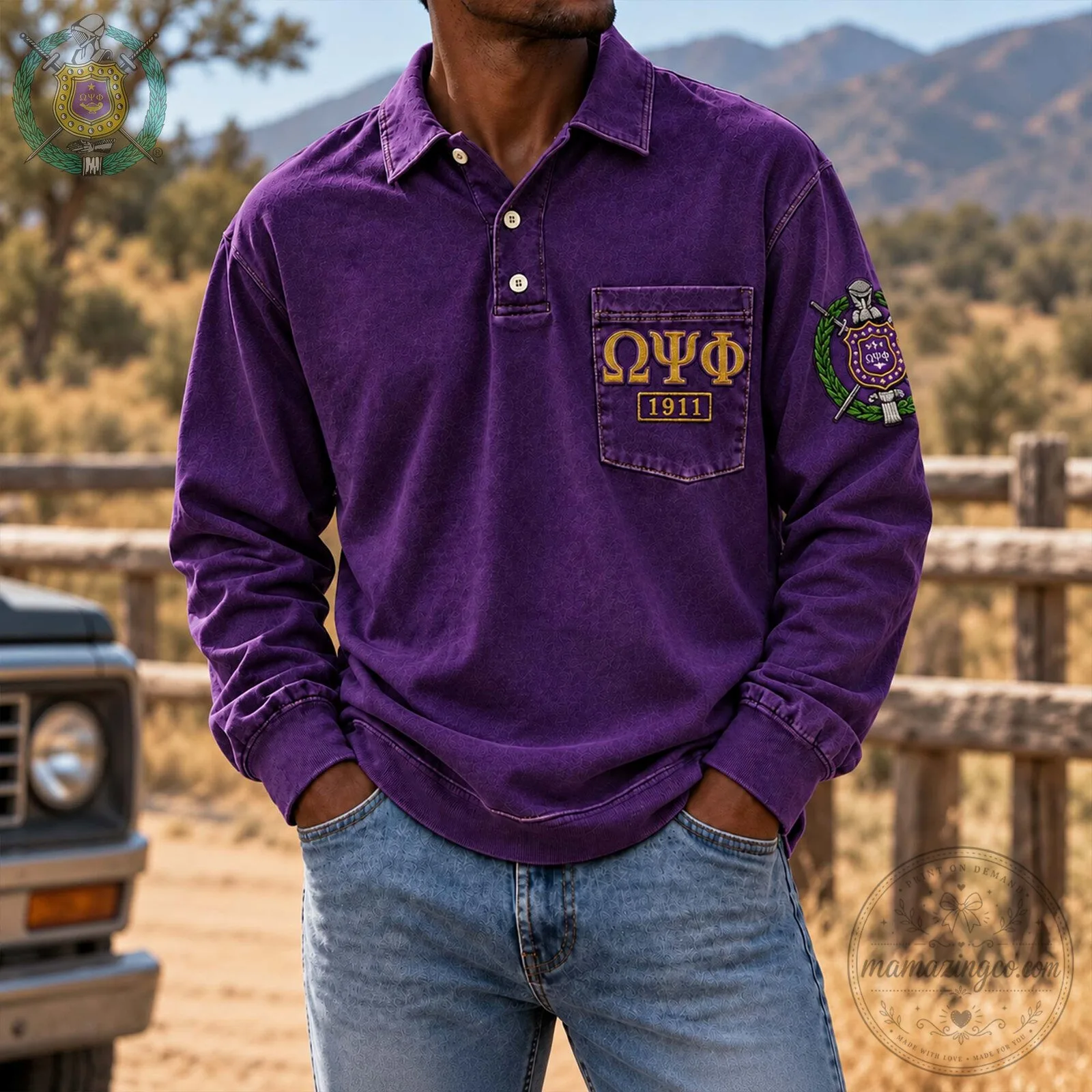 Omega Psi Phi Fraternity Vintage Purple Long Sleeve Polo Shirt